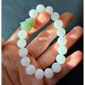 White Jade Bracelet 10mm w Green Jade Cat Charm, Natural Jade Beaded Bracelet,